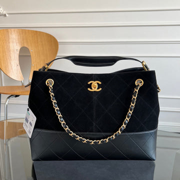 CC 25A Small Tote 36CM Black Suede Black Calfskin