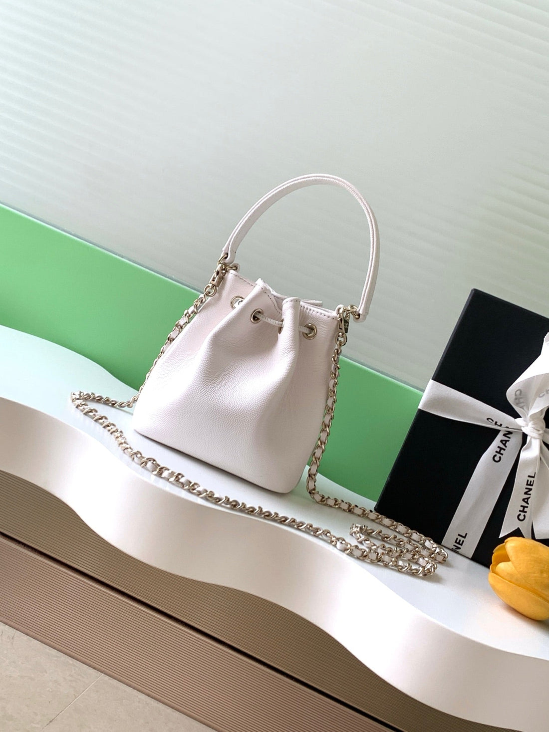 CC 22B Mini Chain 12.5cm Buckle Bag White Calfskin