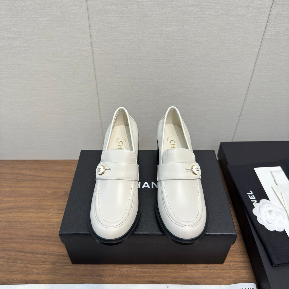 CC 25K Logo Button Loafers 35MM High Heel White Calfskin 517626