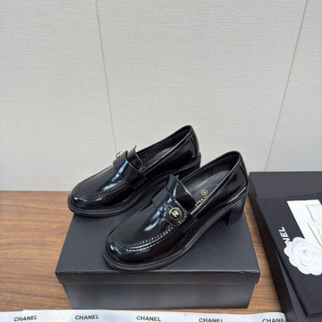CC 25K Logo Button Loafers 35MM High Heel Shiny Black Calfskin 517625