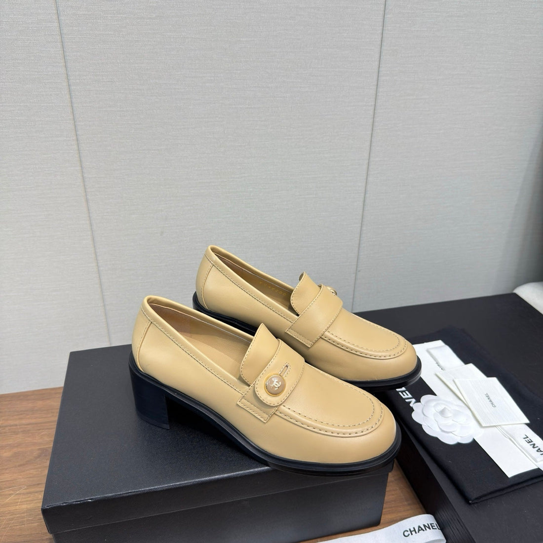 CC 25K Logo Button Loafers 35MM High Heel Beige Calfskin 517624
