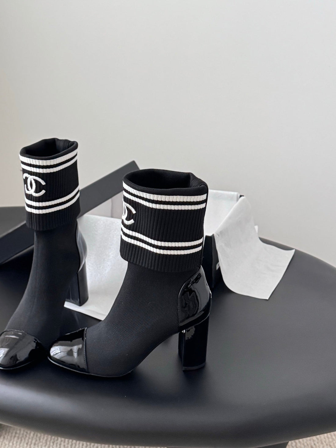 CC 25K Ankle Sock Boots 85MM Heel Black Patent Calfskin And Lambskin 508003