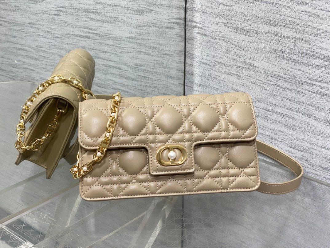 CD Pearl Chain Bag Beige 21CM Lambskin