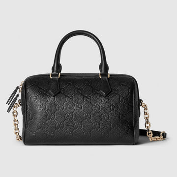 GG Emblem Small Top Handle 25CM Black Grained Calfskin