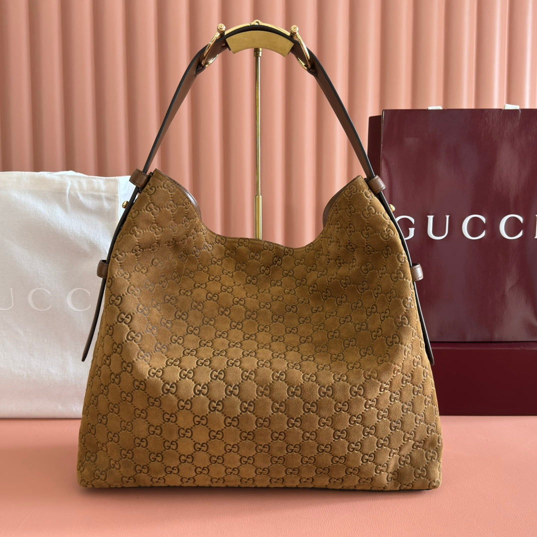 GG 25FW Beatrix Horsebit Handbag 40CM Brown Suede Ghw