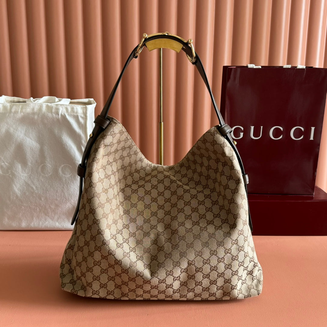 GG 25FW Beatrix Horsebit Handbag 40CM Brown Canvas Ghw