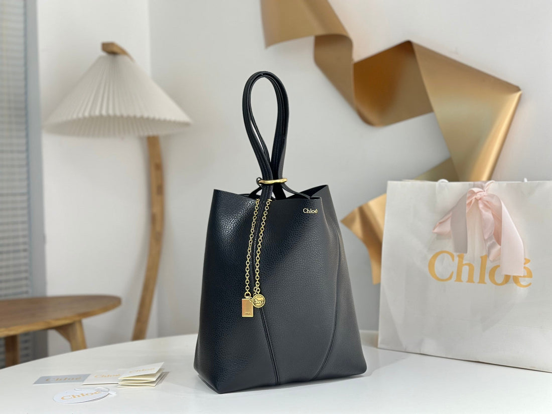 Chloé Spin Tote Bag Medium 27CM Black Calfskin 272274