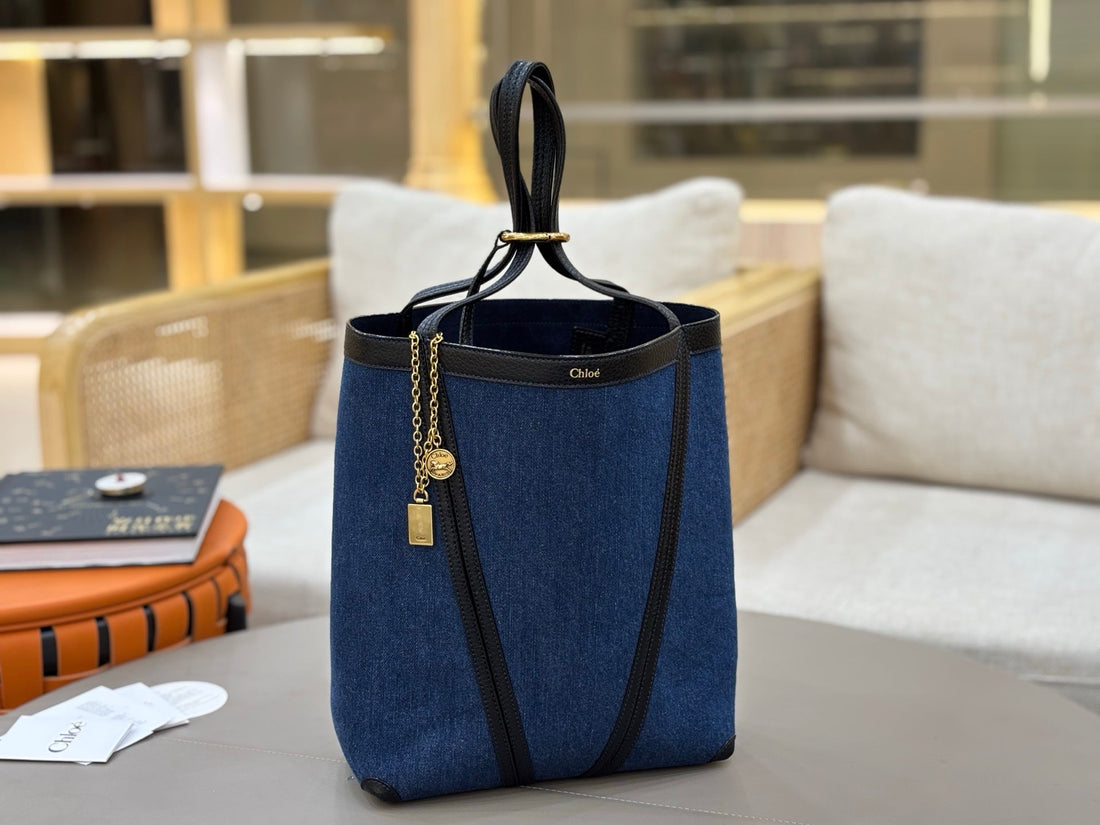 Chloé Spin Tote Bag Medium 27CM Blue Denim Calfskin 272224
