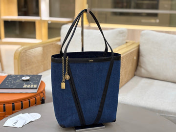 Chloé Spin Tote Bag Medium 27CM Blue Denim Calfskin 272224