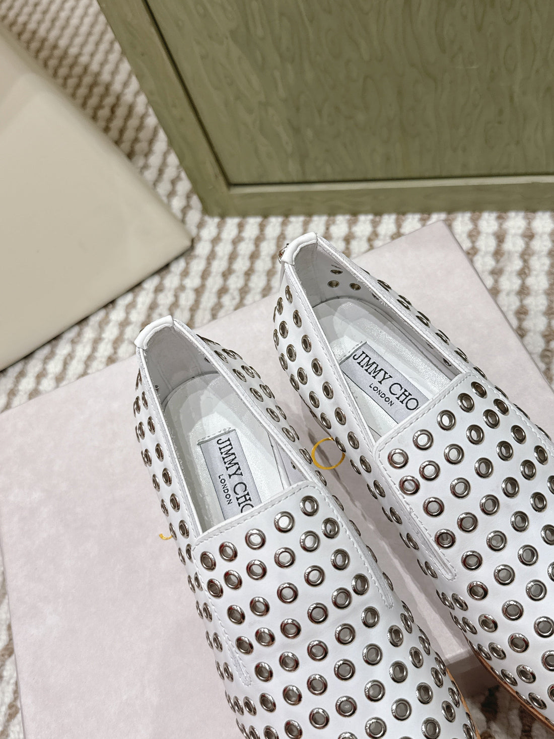 Jimmy Choo Eliot Slippers 45MM Metallic Eyelets White Calfskin 568495