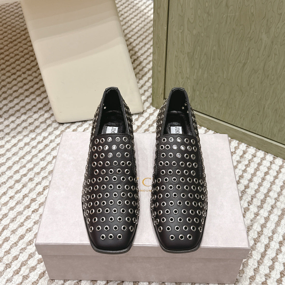 Jimmy Choo Eliot Slippers 45MM Metallic Eyelets Black Calfskin 568494