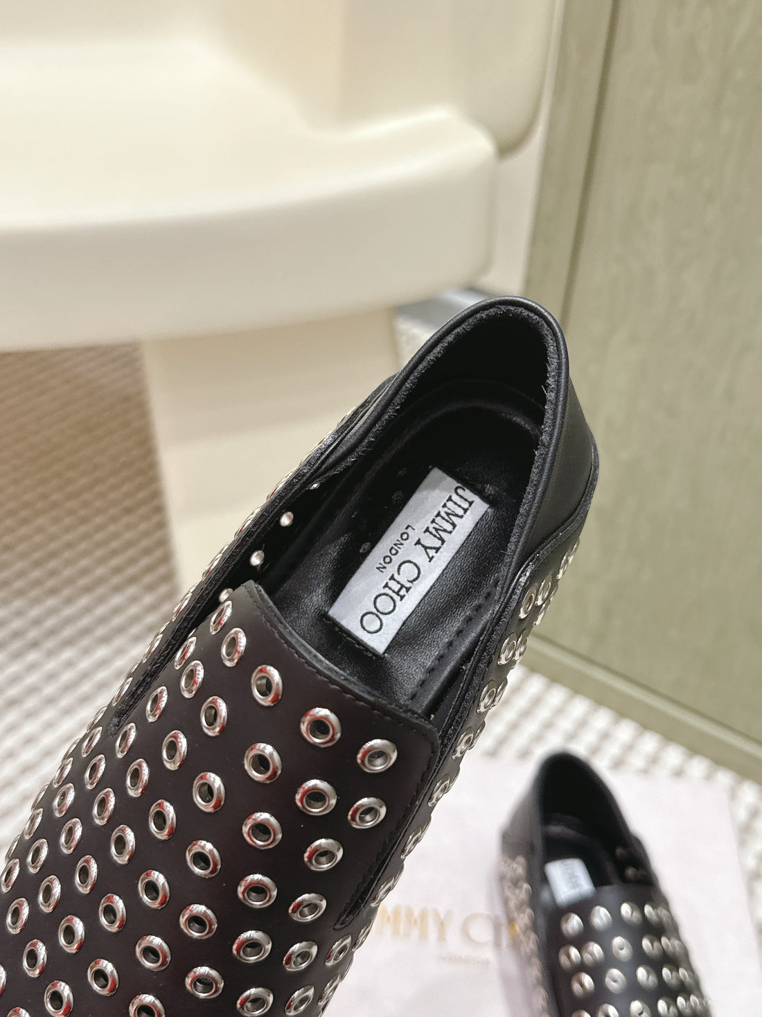 Jimmy Choo Eliot Flat Slippers Metallic Eyelets Black Calfskin 568492