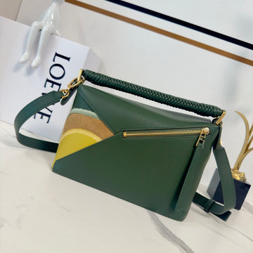 Loewe Puzzle Handbag 24 In Green Mix Yellow Suede 274168