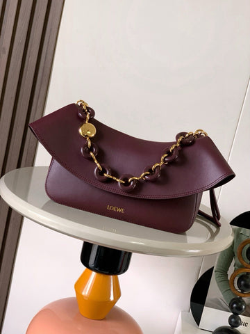 Loewe Ola Handbag Medium 26CM In Burgundy Silver Calfskin 274222