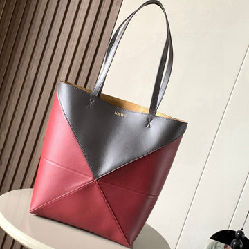 Loe 31 Medium Puzzle Fold Tote In Burgundy Mix Chocolate Glossy Cowhide 274321