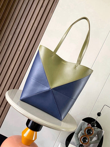 Loe 31 Medium Puzzle Fold Tote In Olive Mix Blue Glossy Cowhide 274311