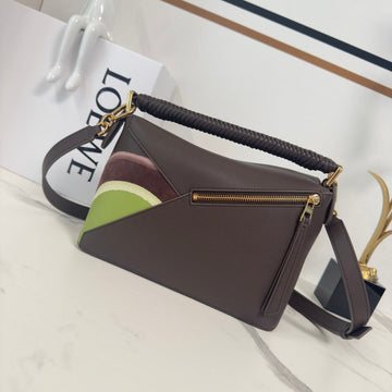 Loewe Puzzle Handbag 24 In Chocolate & Light Moss Suede 274174