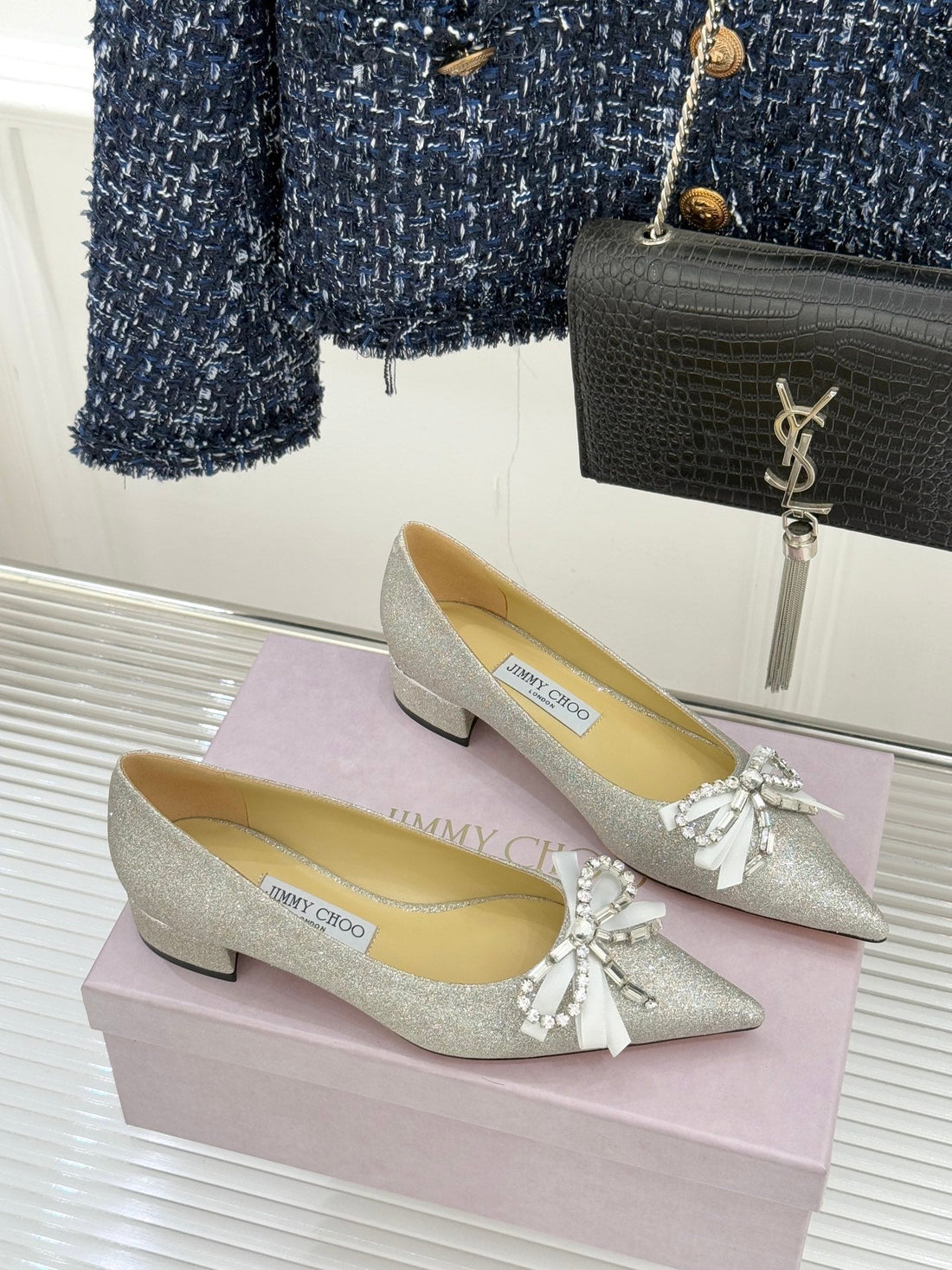 Jimmy Choo 26WF Pointed Toe Rhinestone Bow Chunky Heel Silver Sheepskin 573543