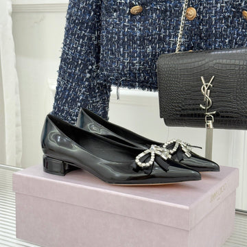 Jimmy Choo 26WF Pointed Toe Rhinestone Bow Chunky Heel Black In Sheepskin 573540
