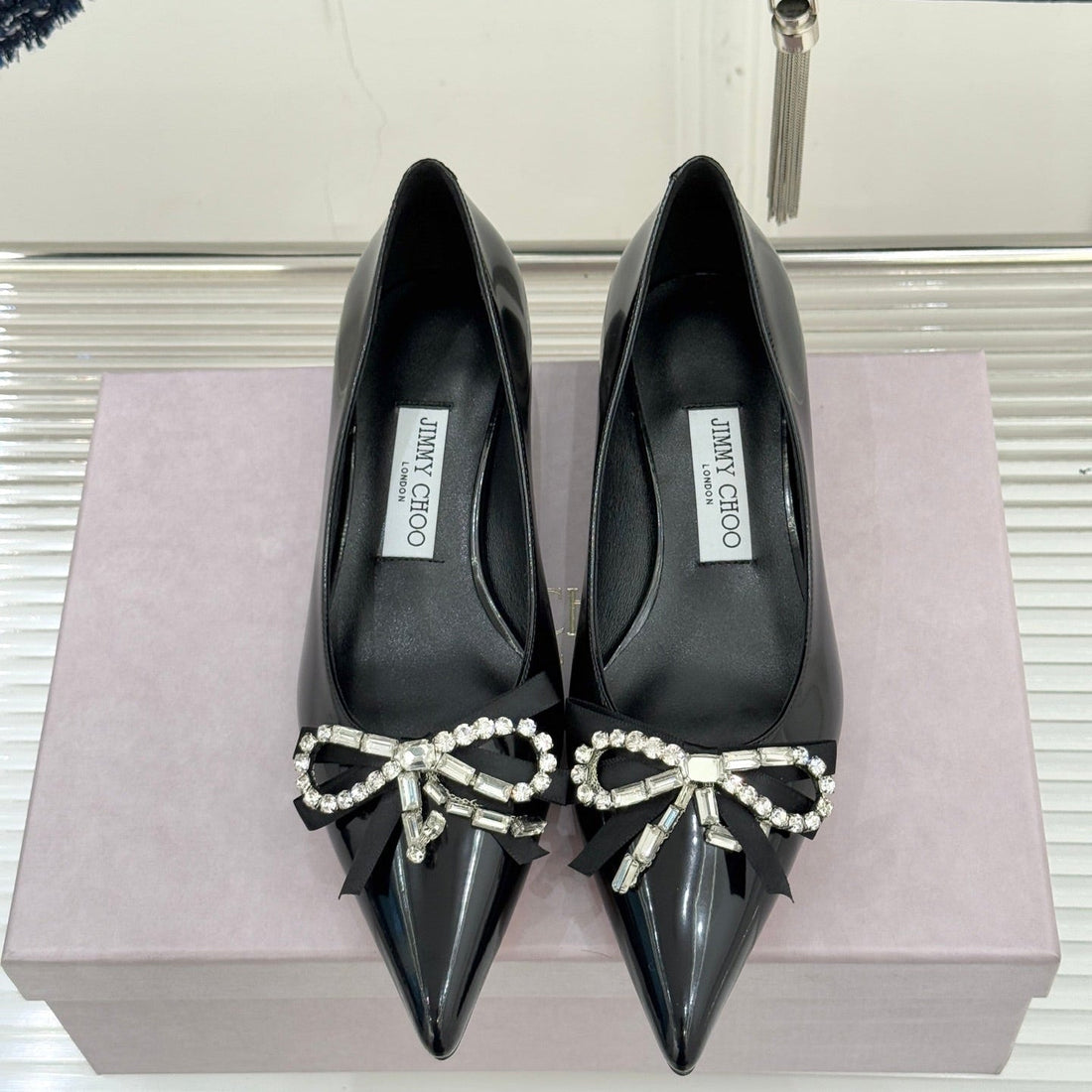 Jimmy Choo 26WF Pointed Toe Rhinestone Bow Chunky Heel Black In Sheepskin 573540