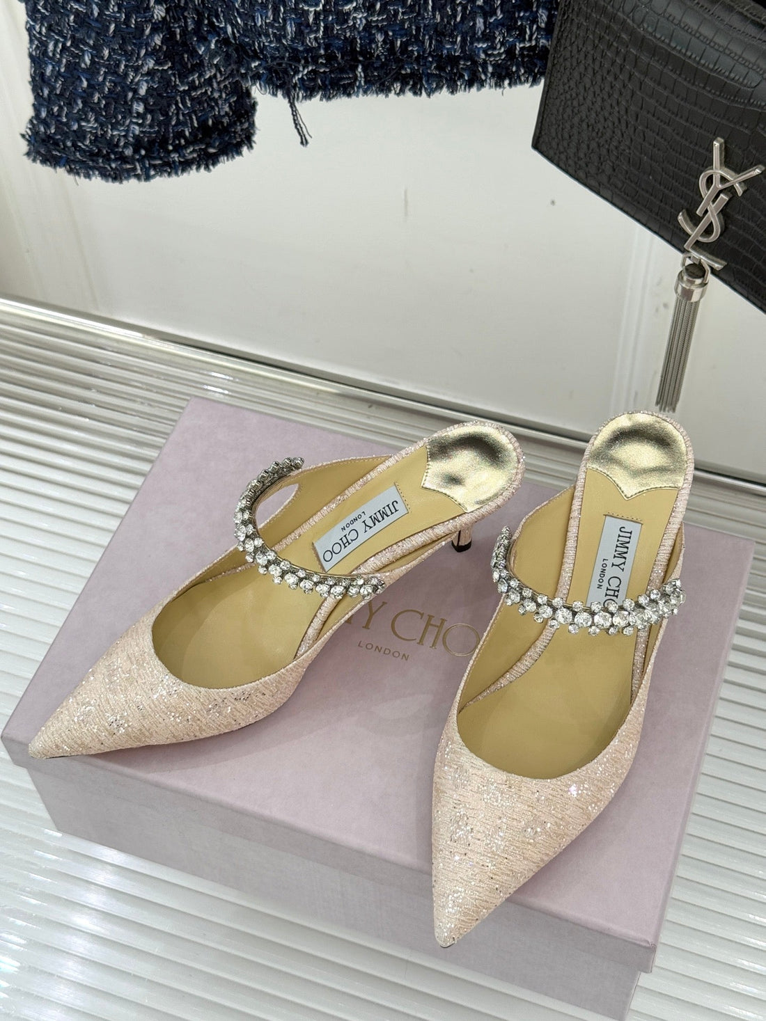 Jimmy Choo Classic Diamond Chain Point Toe High Heels Champagne Glitter Sheepskin 573548