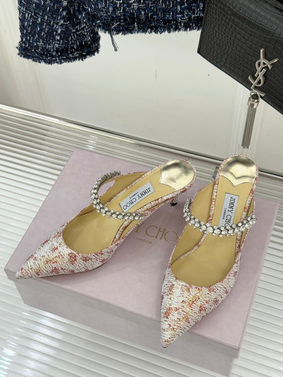 Jimmy Choo Classic Diamond Chain Point Toe Mules Light Pink Sheepskin 573547