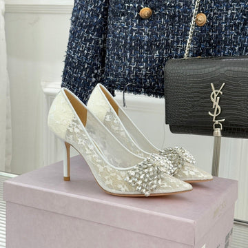 JC25WF Rhinestone Bow Pionted Toe High Heels 85 White Sheepskin 573539