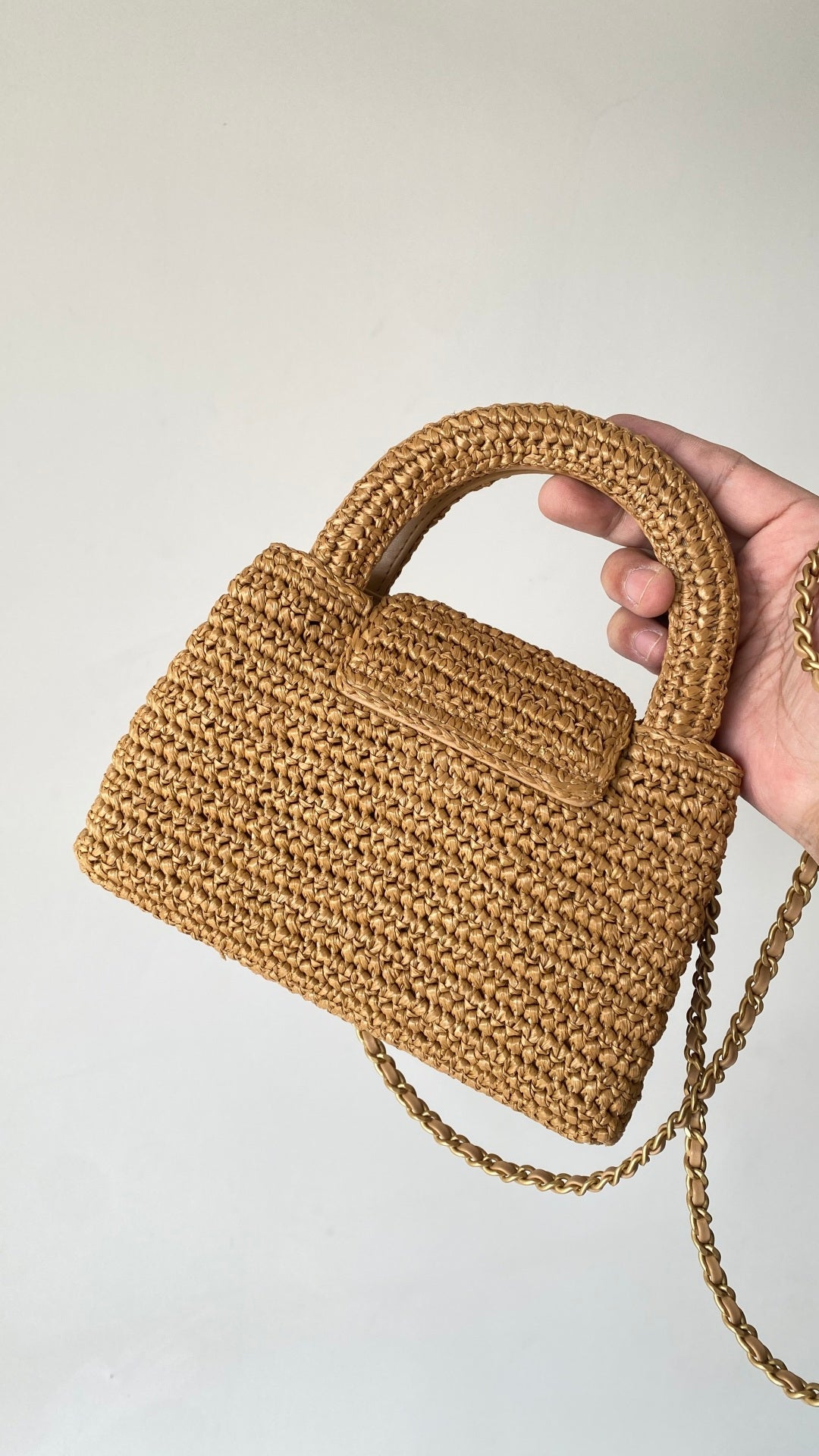 CC Kelly Bag 19CM Dark Beige Gold Hardware In Raffia