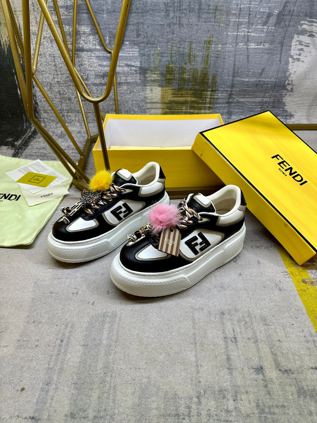 Fendi Match Lace-Up Sneakers Black White Sheepskin 575414