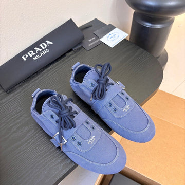 Prada Classic Retro German Trainer Blue Sneakers In Sheepskin Fabric 580383