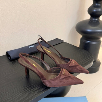 Prada 25SS Retro Brown Triangle Logo Pointed Toe Kitten Heel In Lambskin 580367
