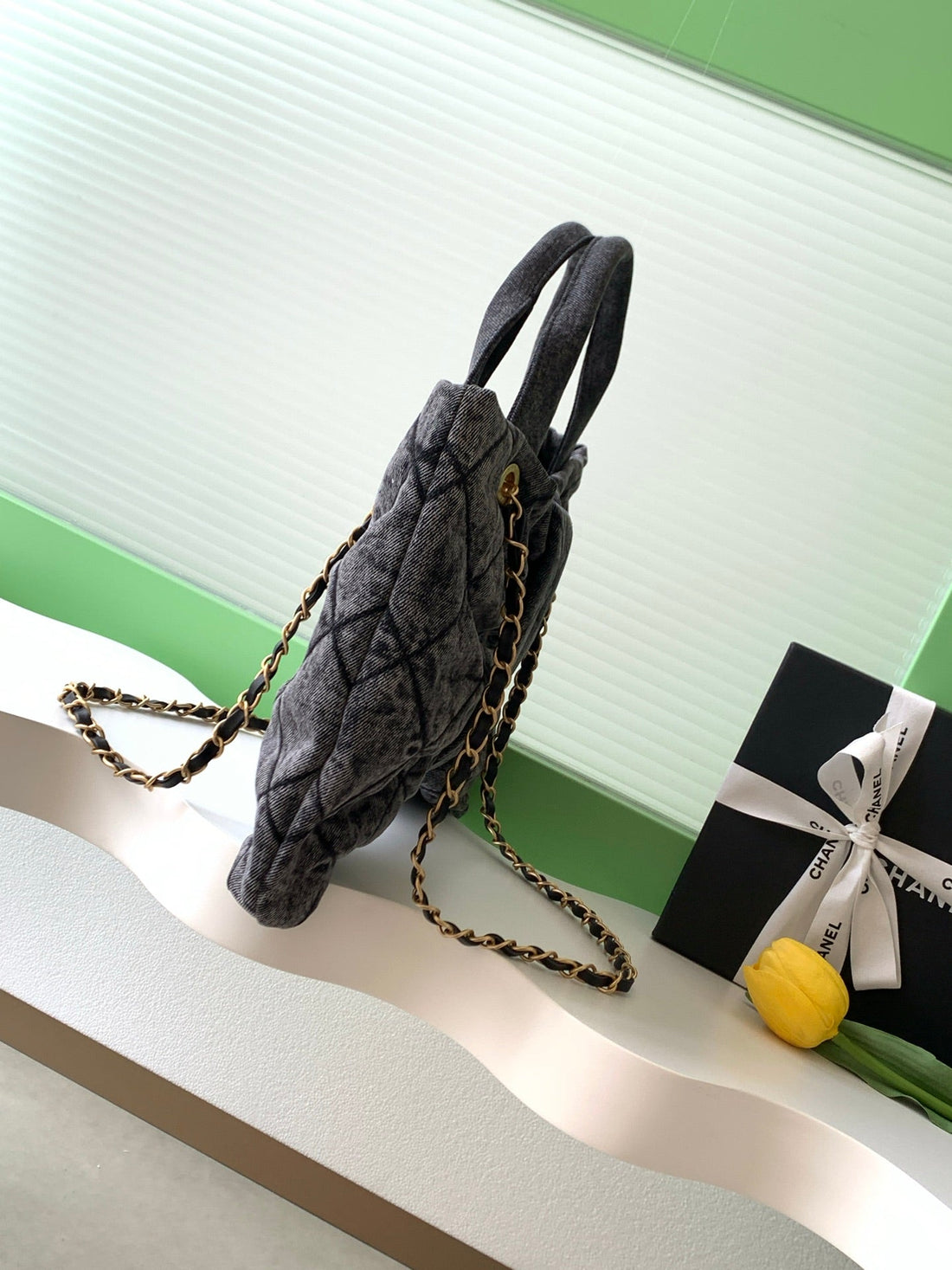 Chanel 25K Bow Bag 38CM Dark Gray Gold Denim Leather 275871