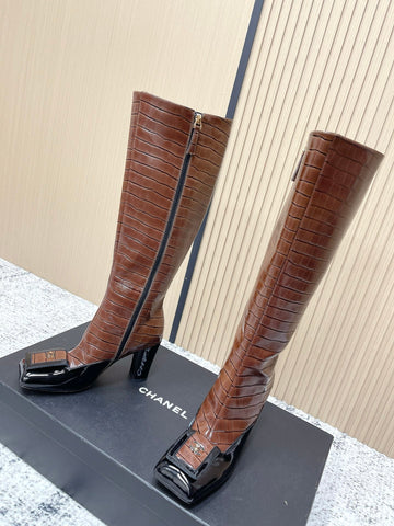 Chanel Croc-Embossed Square-Toe Dark Brown High Boots In Cowhide 591399