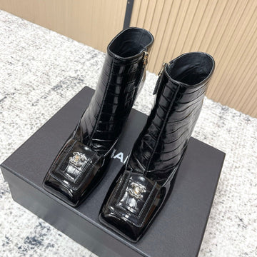 Chanel Croc-Embossed Square-Toe Black Ankle Boots In Cowhide 591400