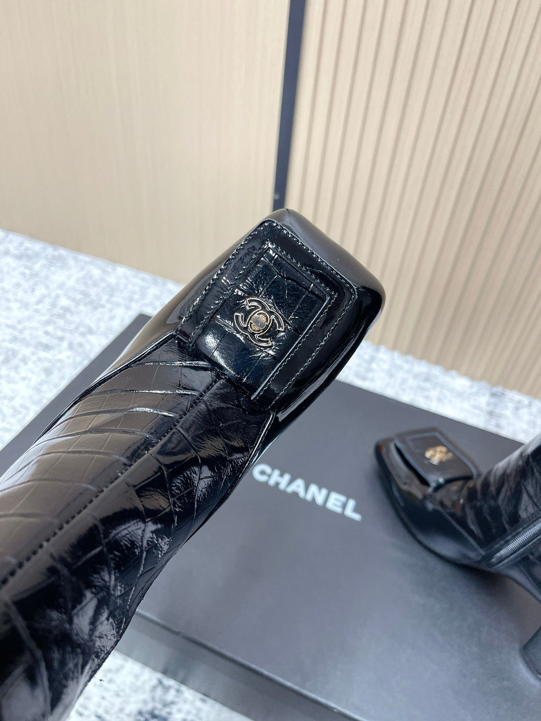 Chanel Croc-Embossed Square-Toe Black High Boots In Cowhide 591398