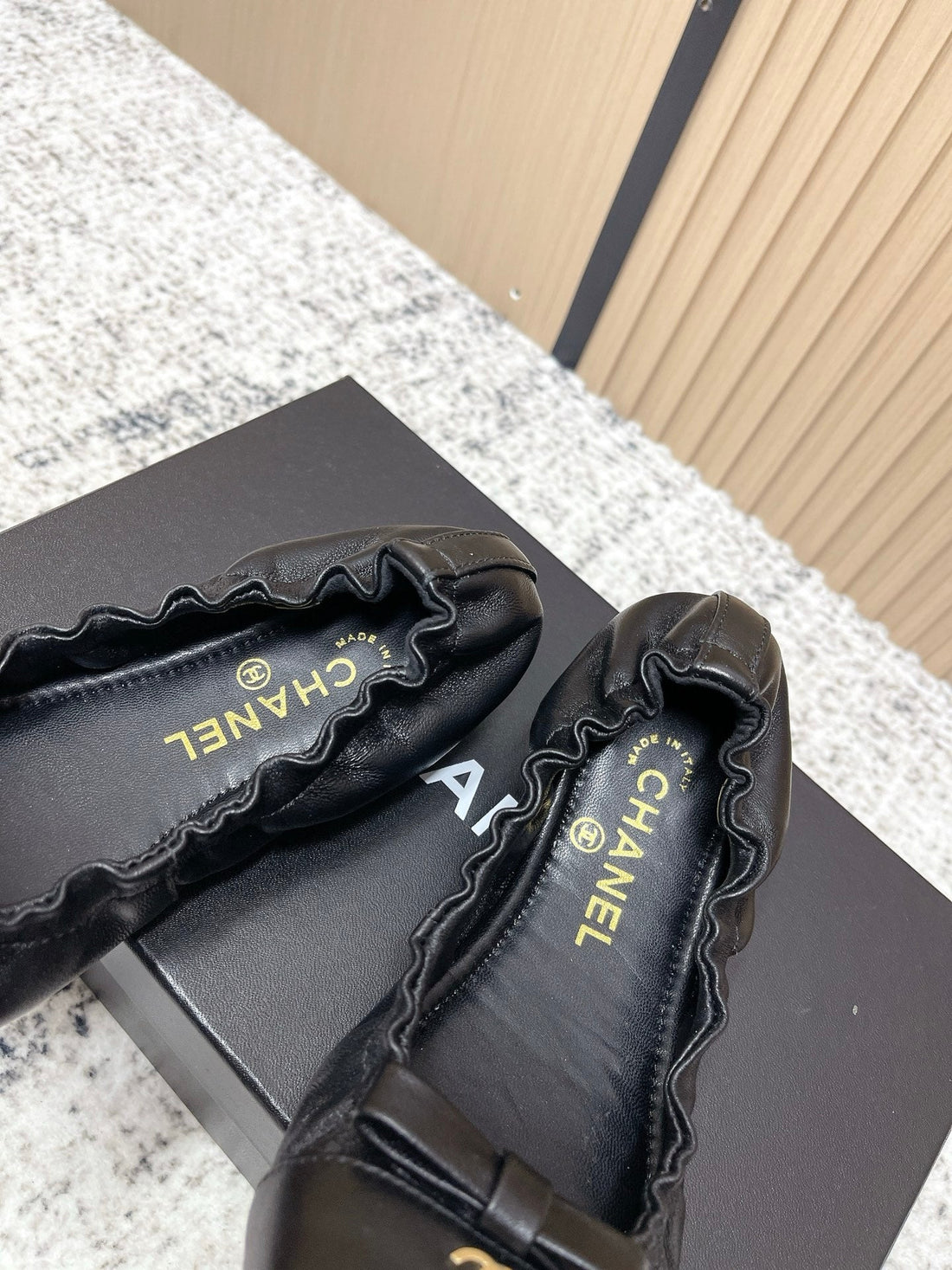 Chanel 26 Ruffle Black Ballet Flats In Lambskin 591373