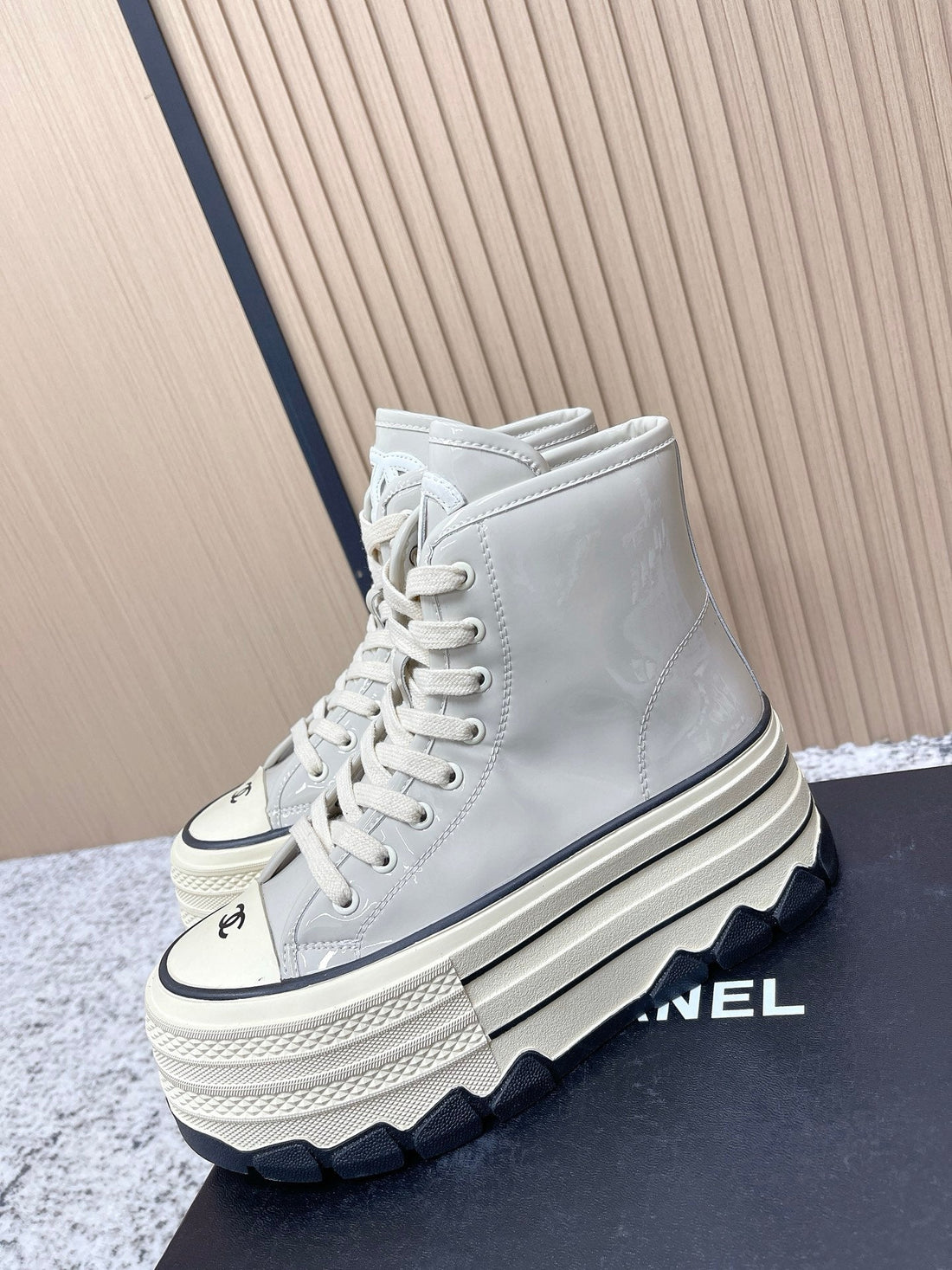 Chanel Platform High-Top Casual Light Blue Sneakers In Cowhide 591370