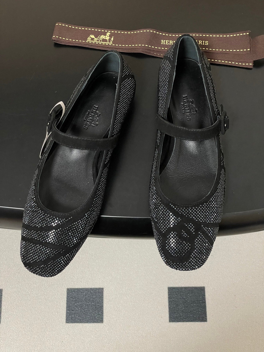 Hermes 26 Light Ballet Flat Metallic Black In Suede 594341