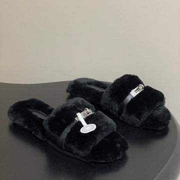 Hermes Giulia Kelly Buckle H-Slippers Black In Wool 594329