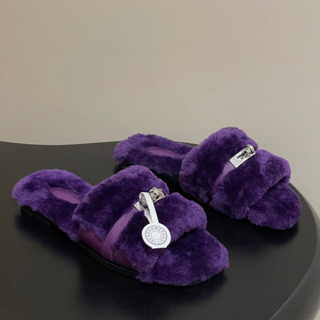 Hermes Giulia Kelly Buckle H-Slippers Purple In Wool 594326