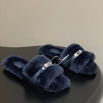 Hermes Giulia Kelly Buckle H-Slippers Navy Blue In Wool 594324