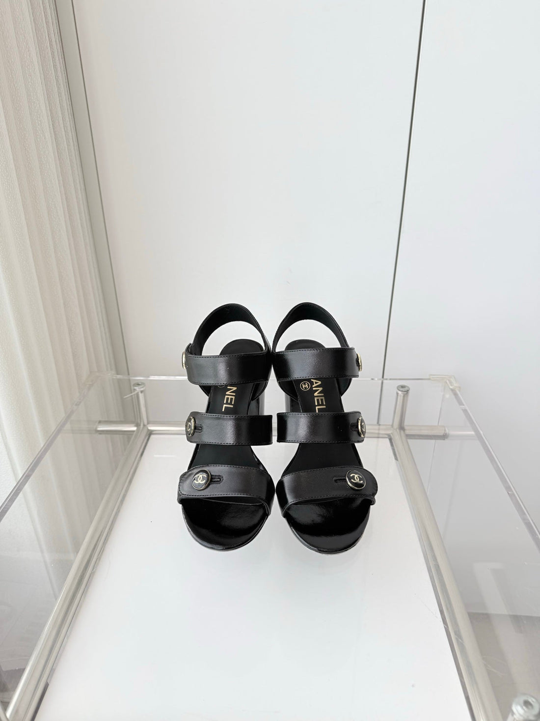Chanel 26 Turnlock 80 Black Sandal Heels In Lambskin 597407