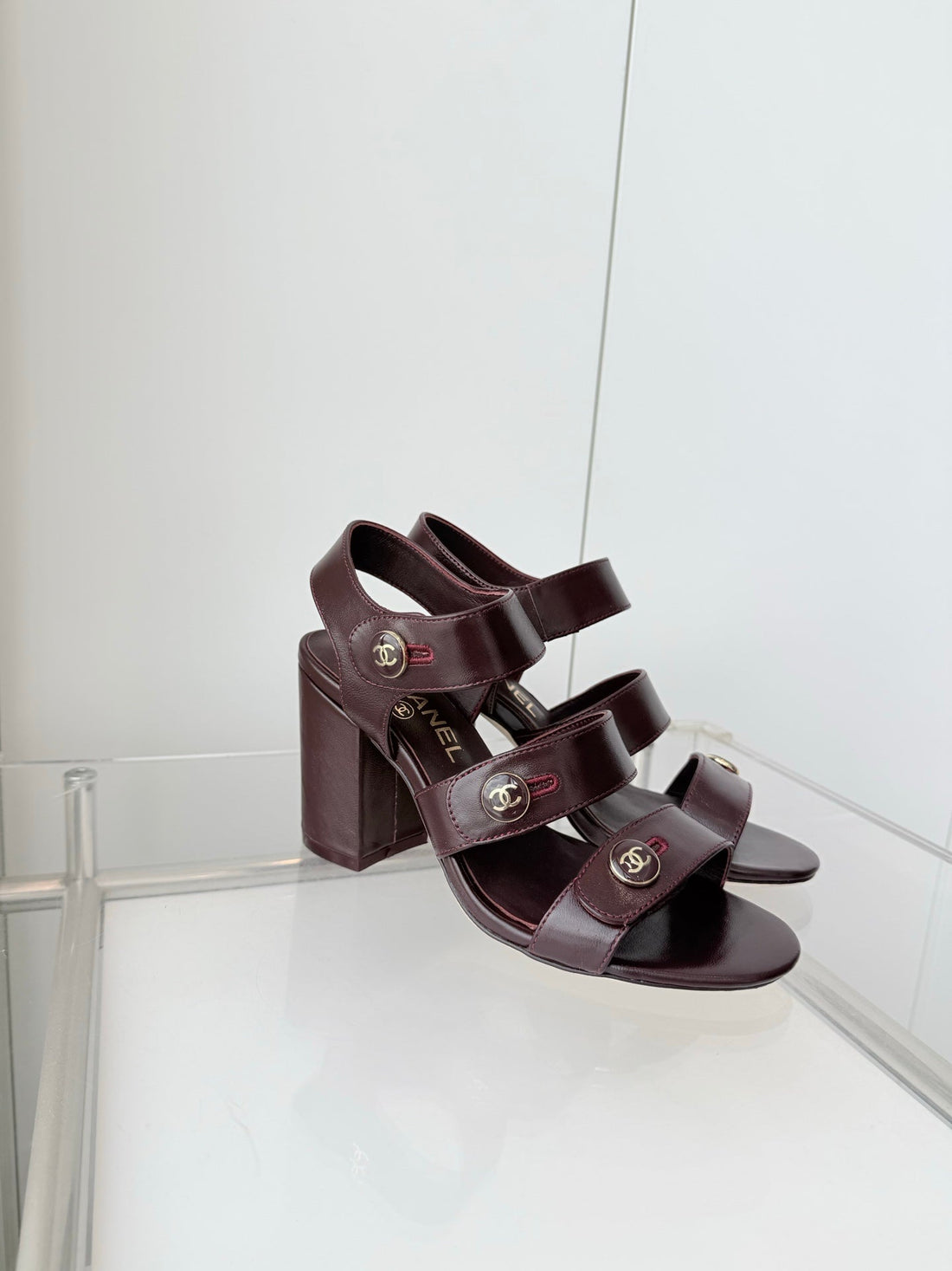 Chanel 26 Turnlock 80 Burgundy Sandal Heels In Lambskin 597404