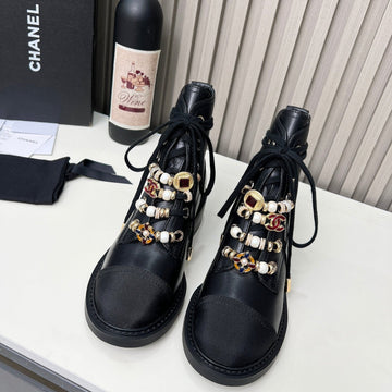 Chanel CC Combat Short Boots With Pearl Black In Calfskin 597894