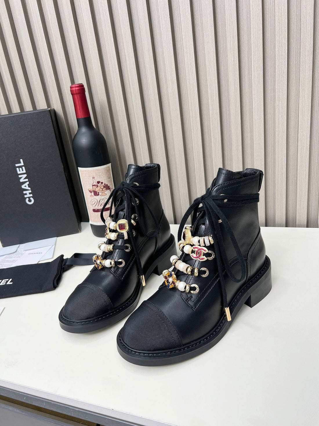 Chanel CC Combat Short Boots With Pearl Black In Calfskin 597894