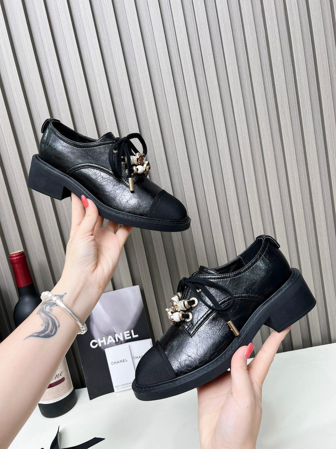 Chanel CC Combat Shoes With Pearl Black In Calfskin 597895