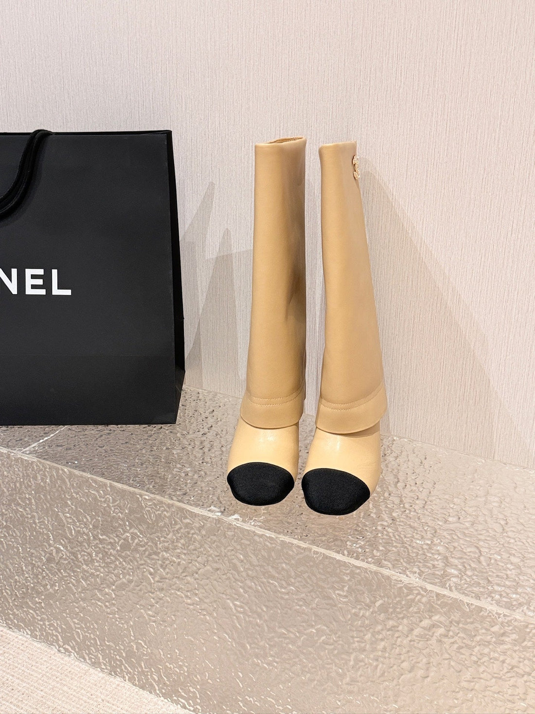 Chanel 26 Newest Runway Style Riding Beige Boots In Cowhide 598319