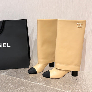 Chanel 26 Newest Runway Style Riding Beige Boots In Cowhide 598319