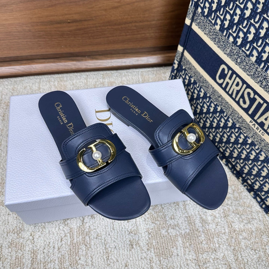 CD Montaigne Sandals Dark Blue In Calfskin 598169