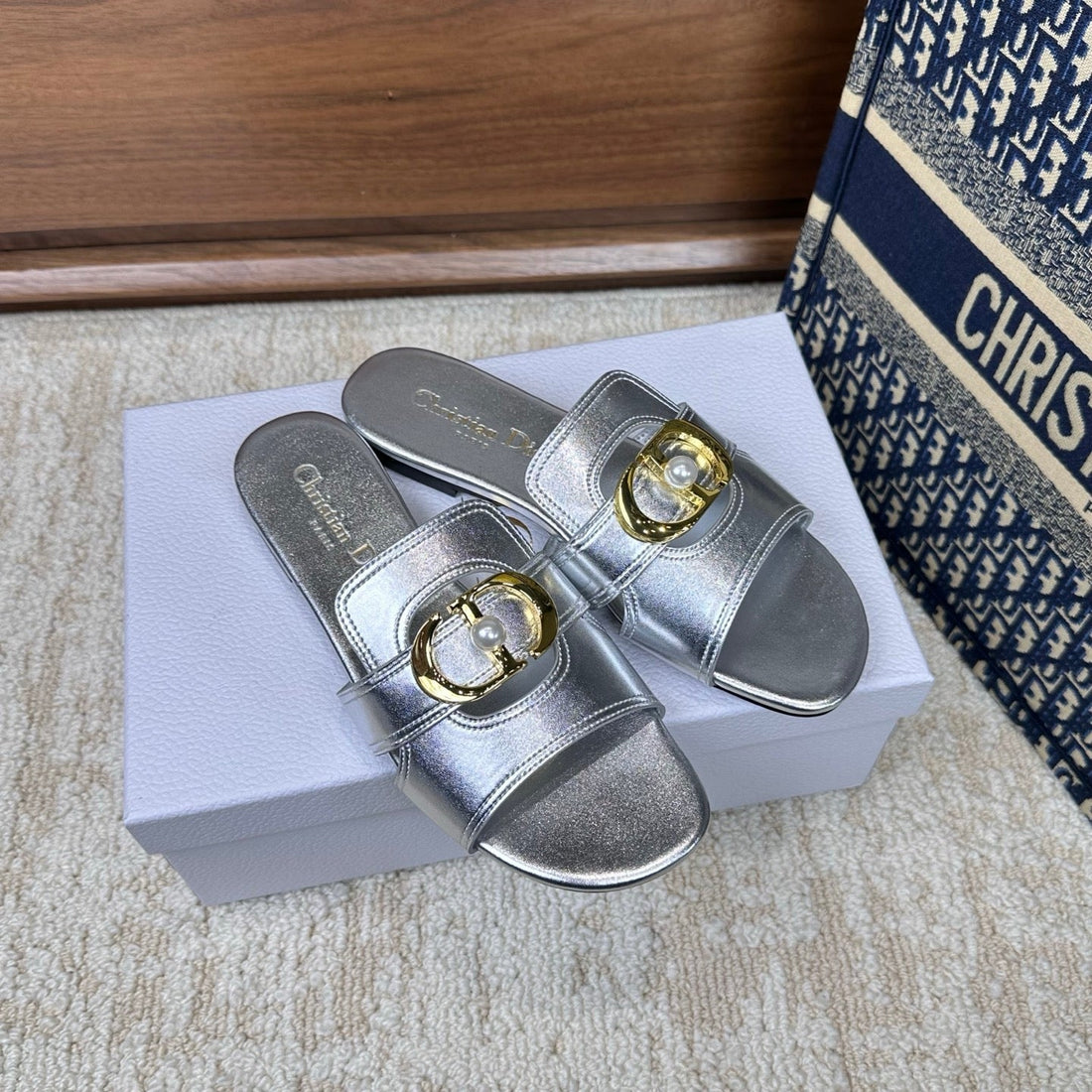 CD Montaigne Sandals Metallic Silver In Calfskin 598166